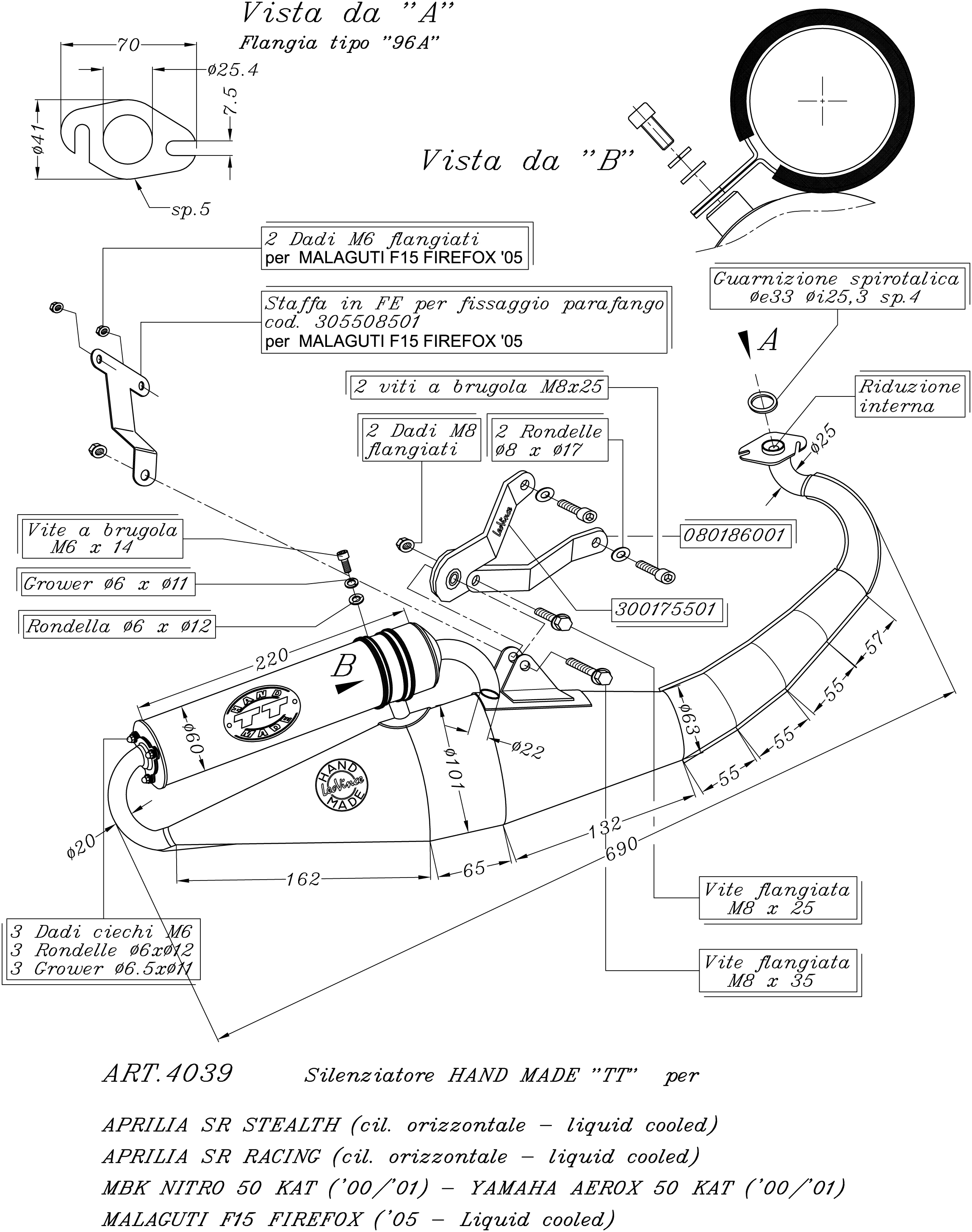 Impianto di scarico LeoVince Hand Made TT, acciaio, impianto completo per Yamaha Aerox 50 Kat (Bj.00-01)