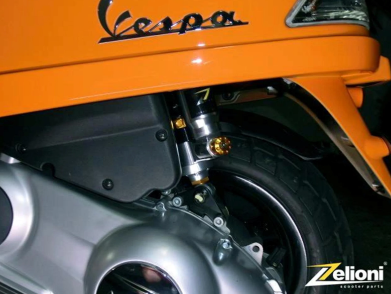 Ammortizzatore posteriore ZELIONI per Vespa LX/LXV/S 125/150cc, argento/arancio/nero