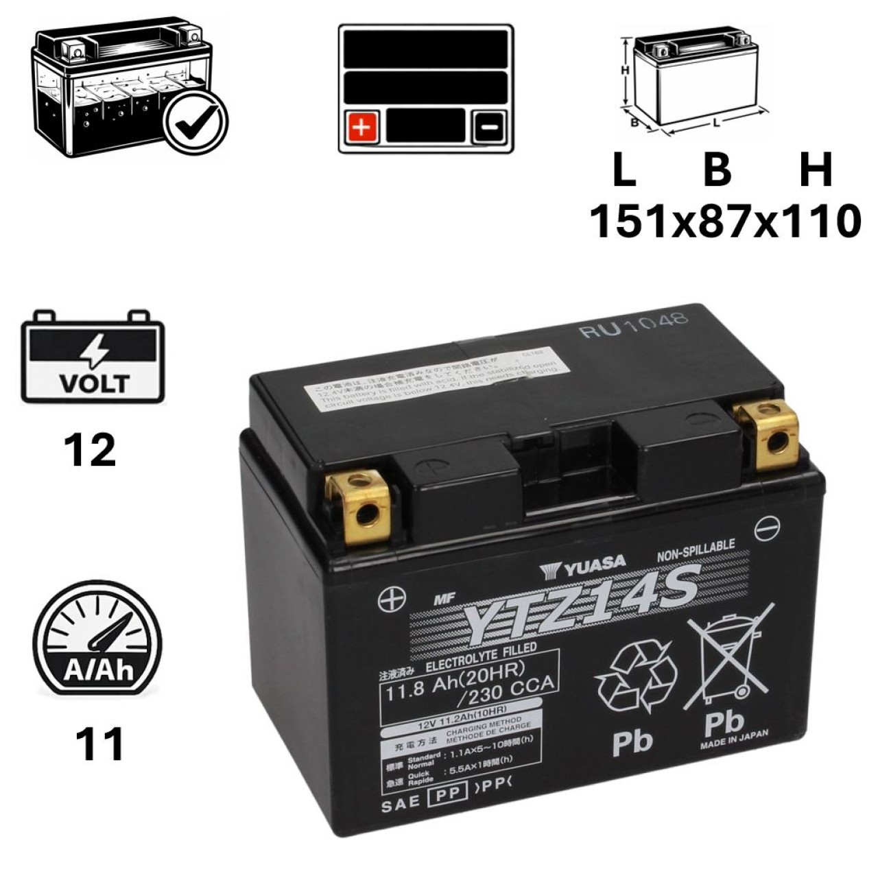 Batteria Yuasa 12 V, 11 A, gel / SLA