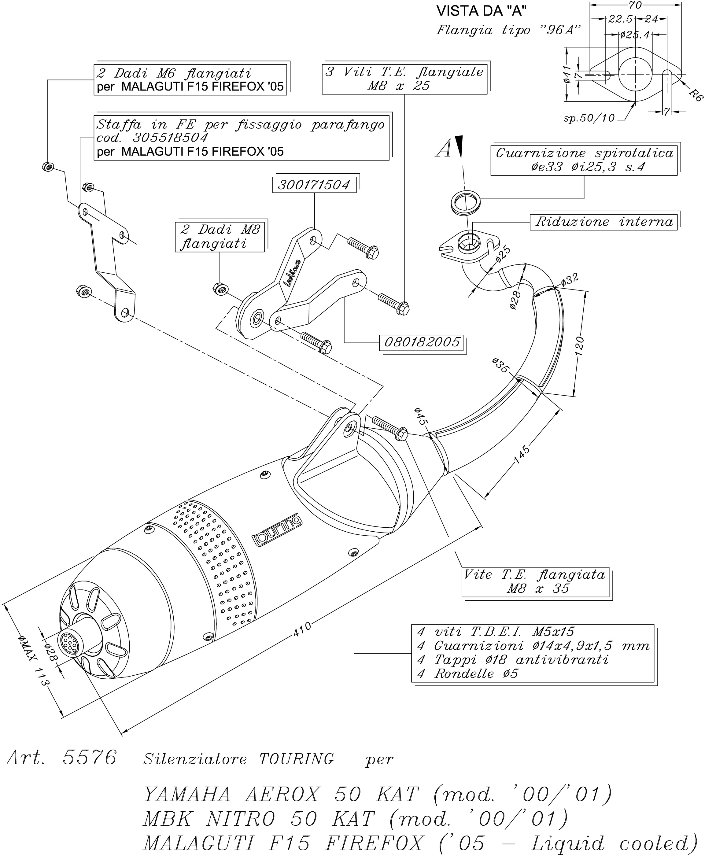 Impianto di scarico LeoVince Touring, acciaio per Yamaha Aerox 50 Kat (Bj.00-01)