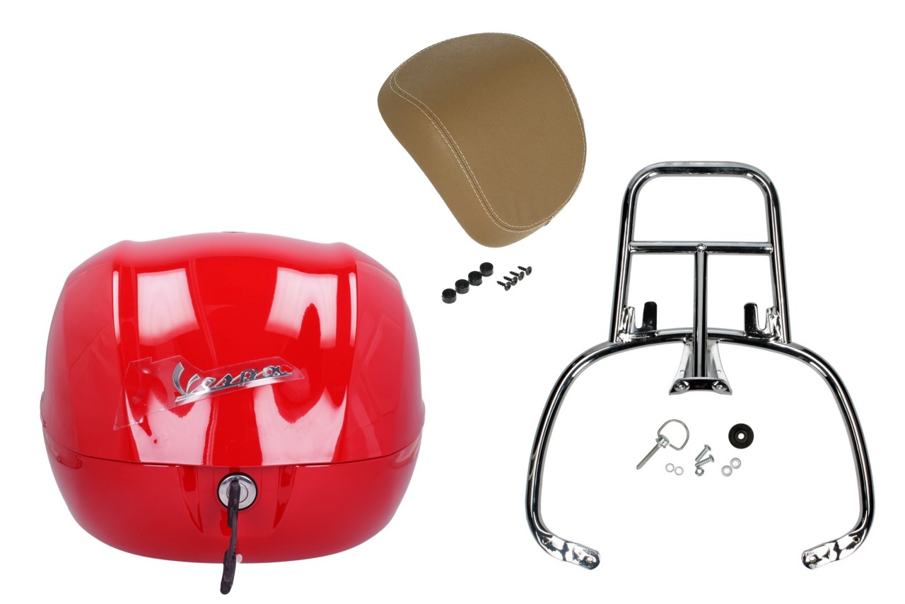 Kit bauletto 32L red dragon (894), cuscino posteriore beige per Vespa Sprint / Primavera