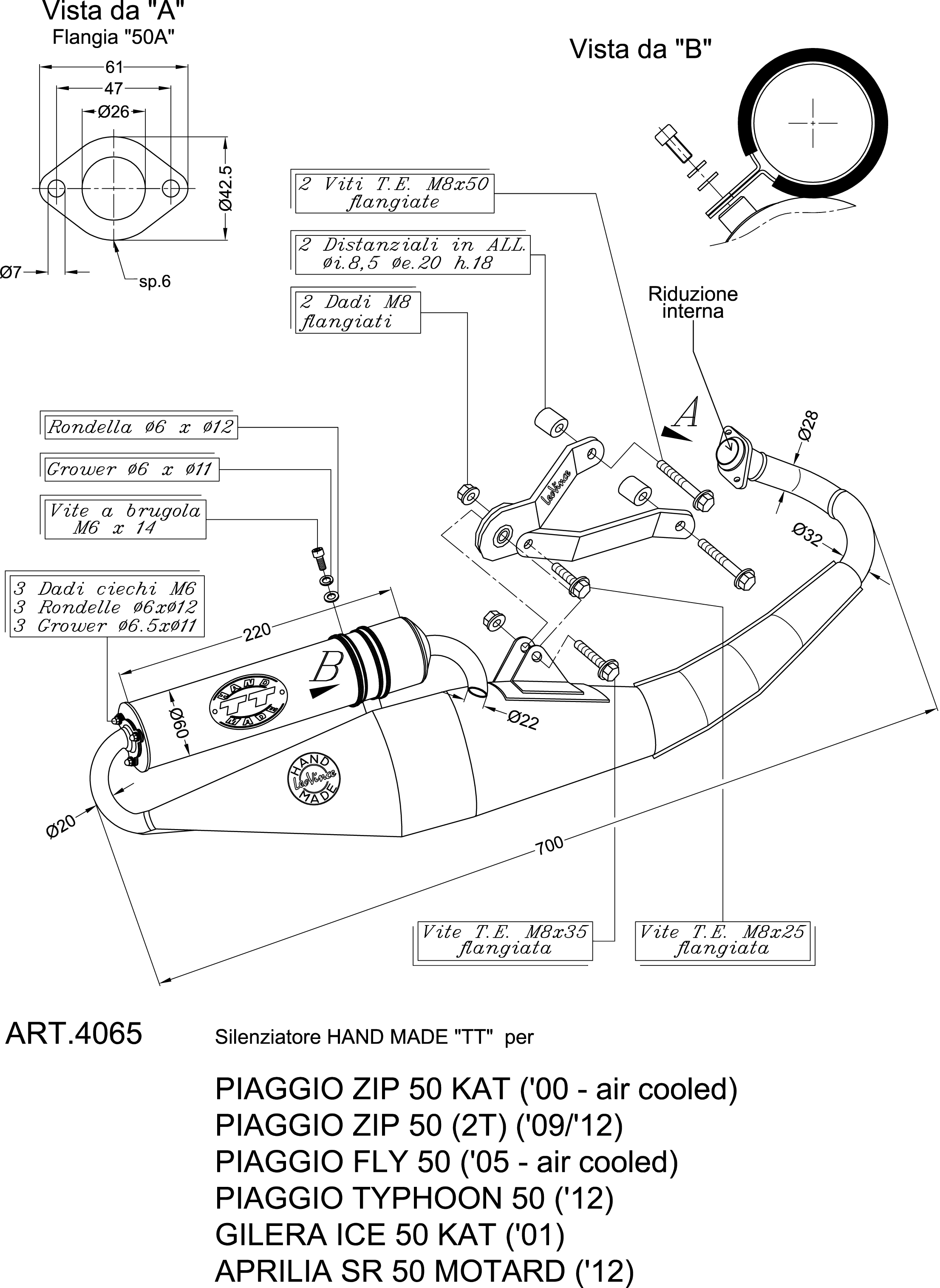 Sistema di scarico LeoVince Fatto a mano TT, Acciaio, Sistema completo per Aprilia / Piaggio