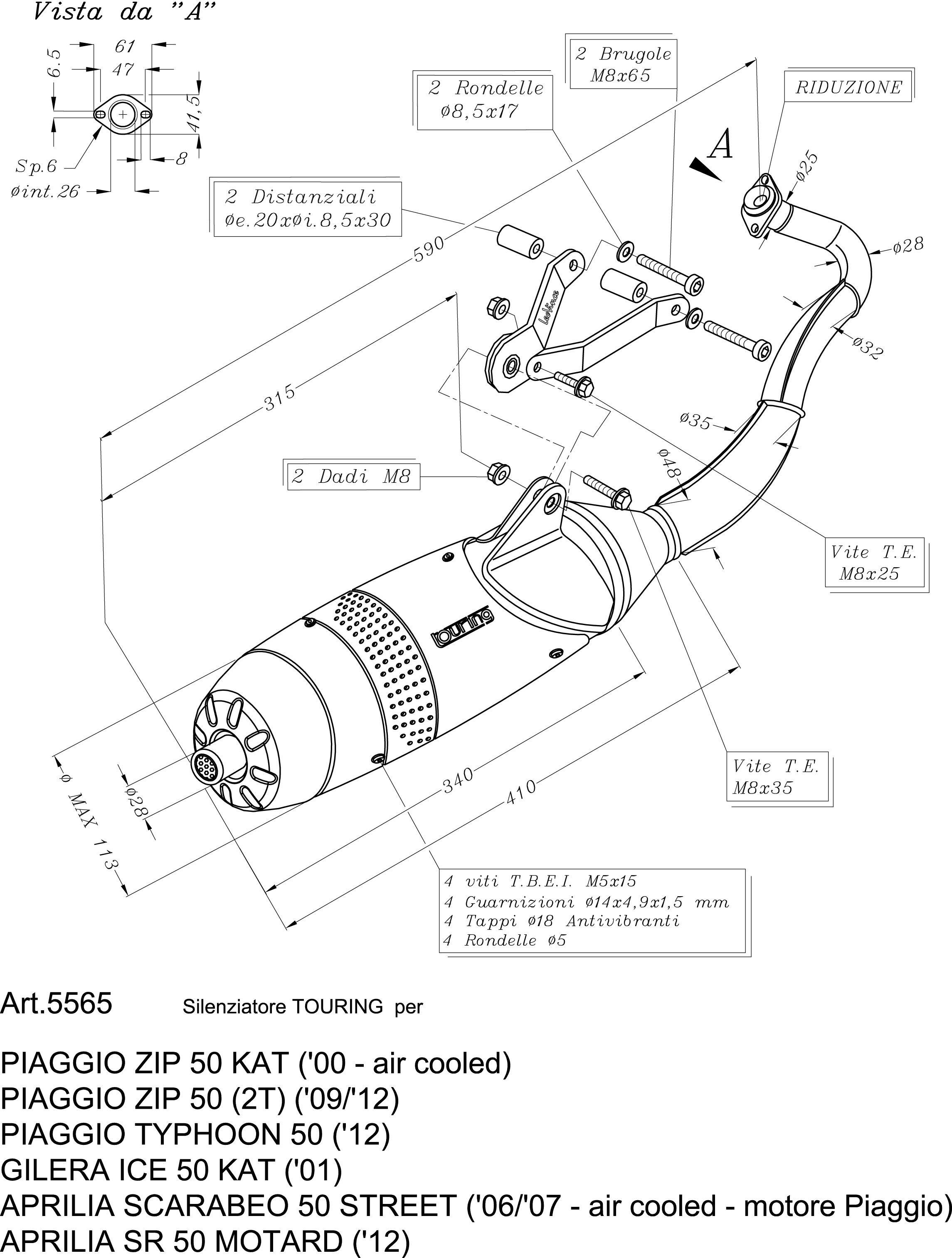 LeoVince Sistema di scarico Touring, Acciaio, Sistema completo per Aprilia / Piaggio