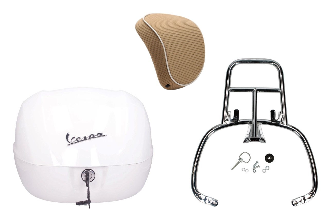 Kit bauletto 32L bianco montebianco (BR/544), cuscino schienale marrone per PIaggio Medley 125 (24-)