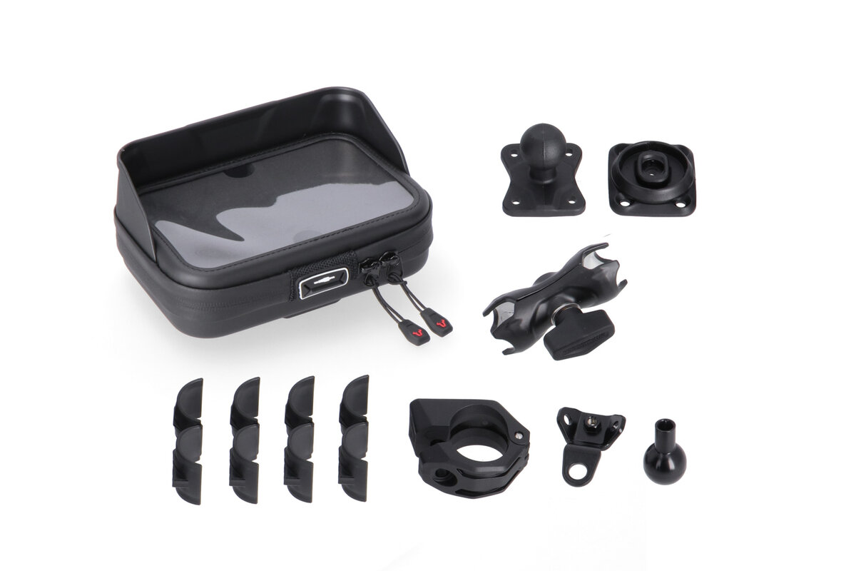 Kit universale per navigatore satellitare con custodia per navigatore satellitare. Incluso braccio di fissaggio da 2". Per filettatura del manubrio/specchio.